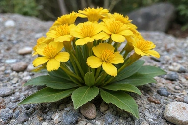 Rhodiola Rosea plant with its distinctive yellow flowers, growing in a rocky terrain.