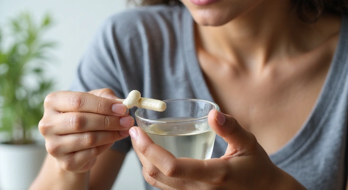 Person taking a supplement with a glass of water, illustrating usage